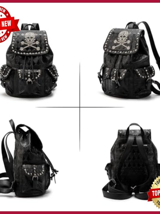 Gothic Skull Embossed Backpack with Rhinestones, Multi-Pocket Daypack